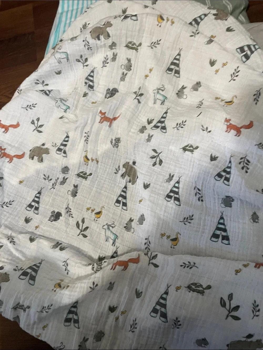 Neutral Taupe Sheet Set with Woodland Print Muslin Swaddle and Striped Linens